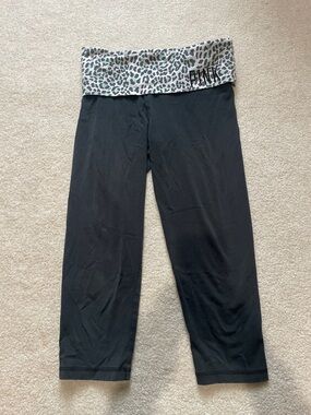 PINK Victoria's Secret Black Capri with Mint Leopard Waistband